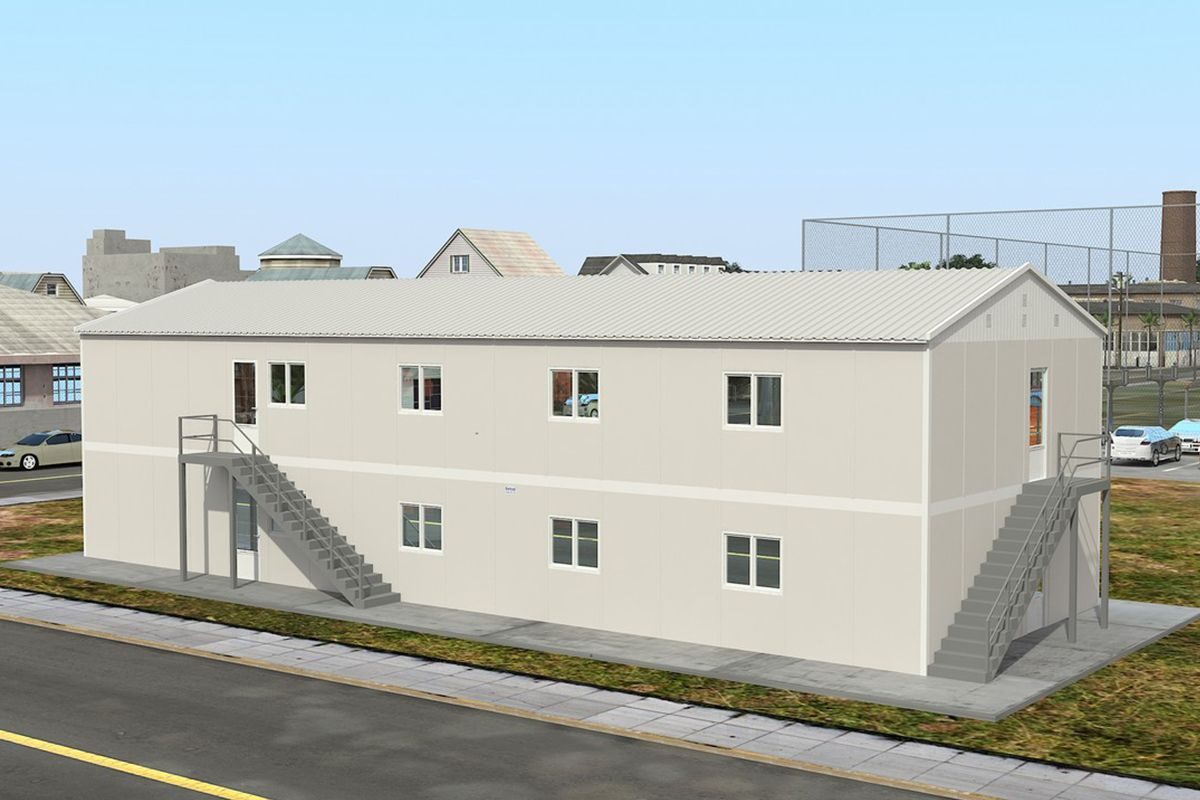 332 m² Prefabrik Yemekhane ön cephe görünümü