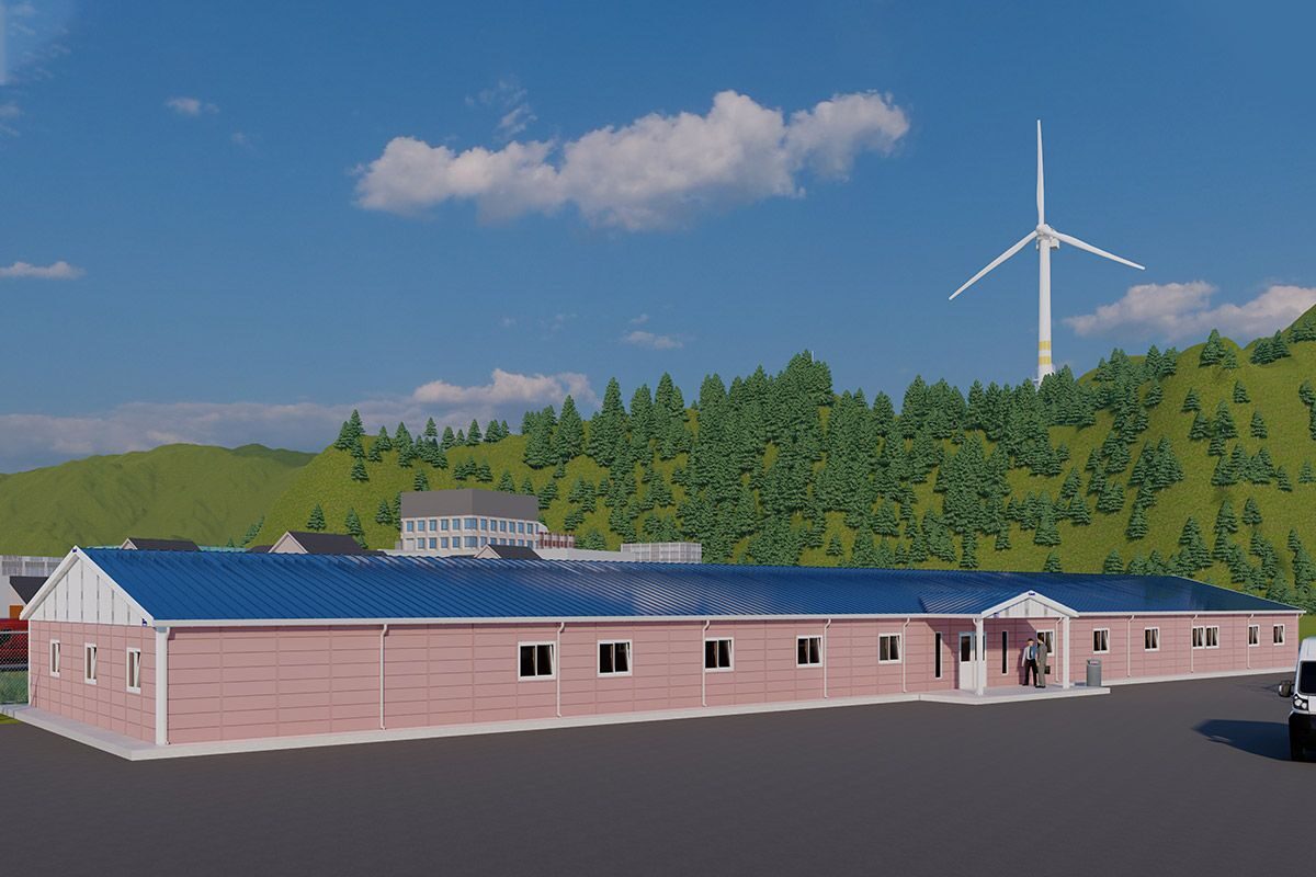 686 m² Prefabrik Ofis ön cephe görünümü