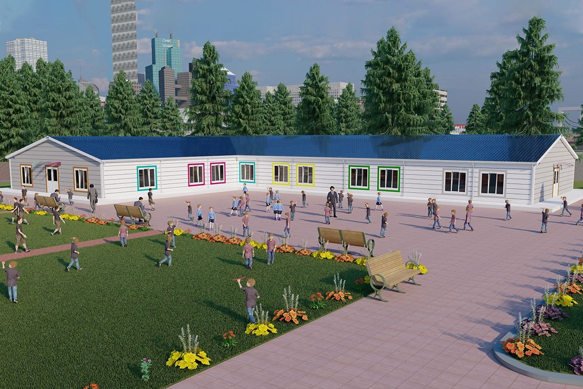 656 m² Prefabrik Okul ön cephe görünümü