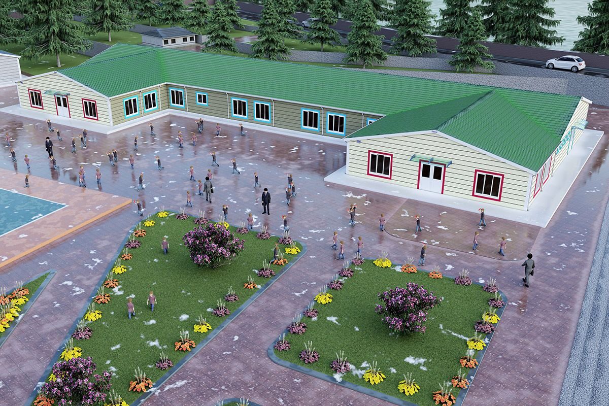 816 m² Prefabrik Okul ön cephe görünümü