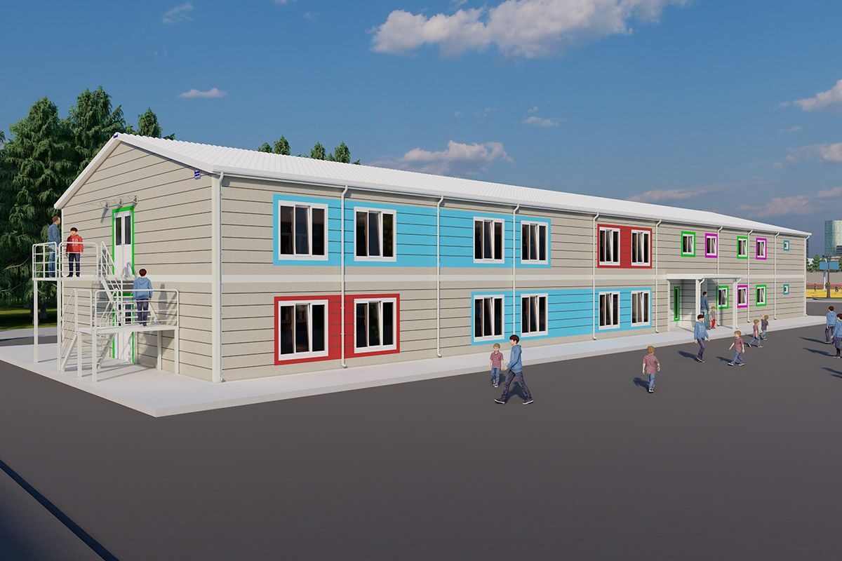 1032 m² Prefabrik Okul ön cephe görünümü