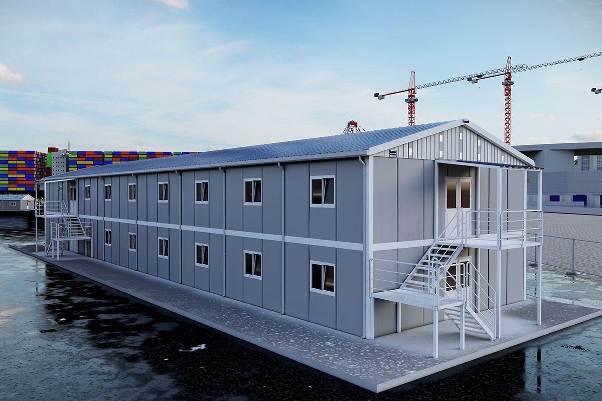 634 m² Prefabrik Yemekhane ön cephe görünümü